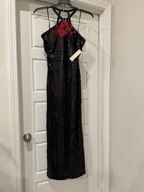 Women's Black Sequin Prom Dress with Red Floral Appliqué